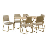 Conjunto de jantar Fenix com mesa retangular off white e 6 cadeiras de estrutura dourada, em fundo branco