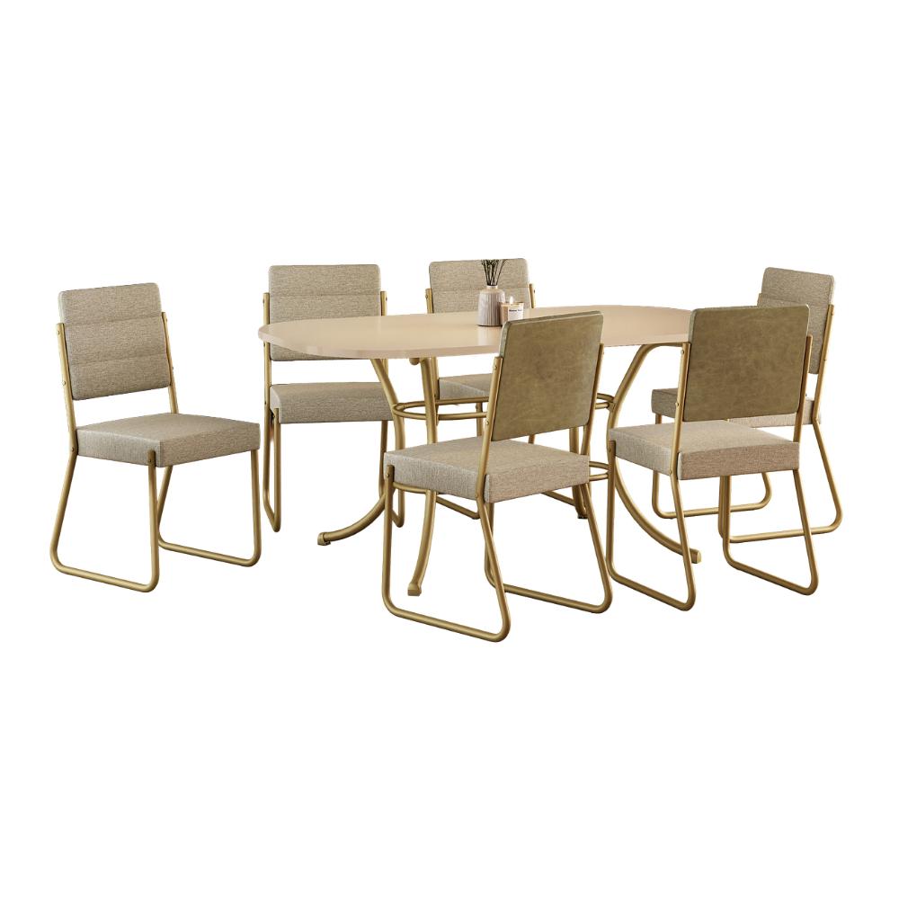 Conjunto de jantar Fenix com mesa retangular off white e 6 cadeiras de estrutura dourada, em fundo branco
