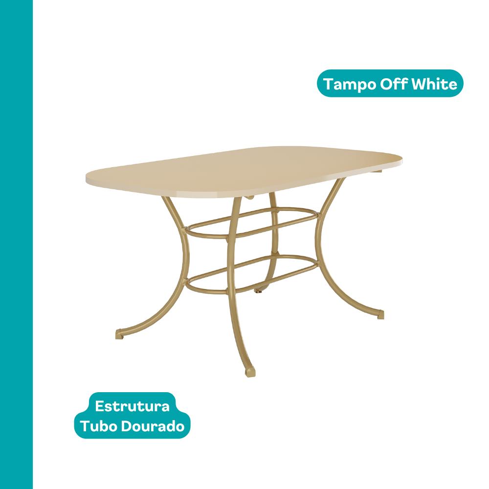 Mesa retangular Fenix com tampo off white de cantos arredondados e estrutura em tubo dourado, vista isolada