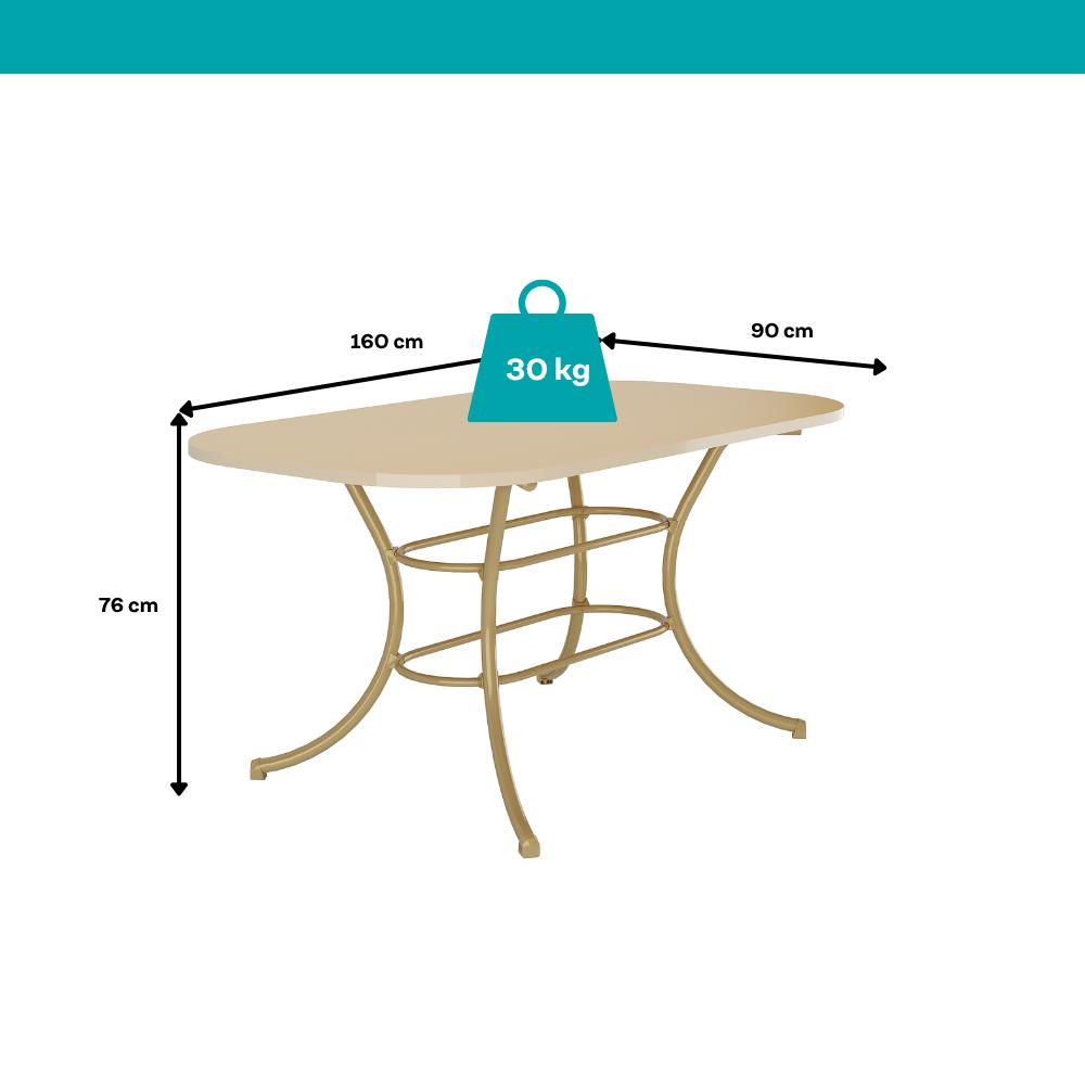 Medidas da mesa Fenix: 160 cm de comprimento, 90 cm de largura, 76 cm de altura e suporte de até 30 kg