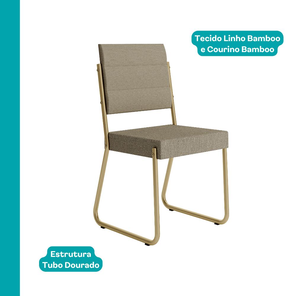 Cadeira Fenix em linho bamboo com courino bamboo e estrutura dourada, vista em ângulo