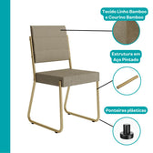 Cadeira Fenix com destaque para o linho bamboo, o courino bamboo, a estrutura em aço pintado e as ponteiras plásticas