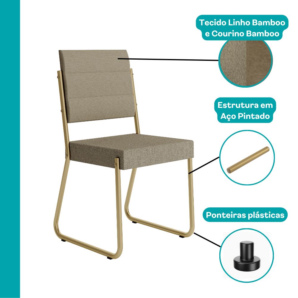 Cadeira Fenix com destaque para o linho bamboo, o courino bamboo, a estrutura em aço pintado e as ponteiras plásticas