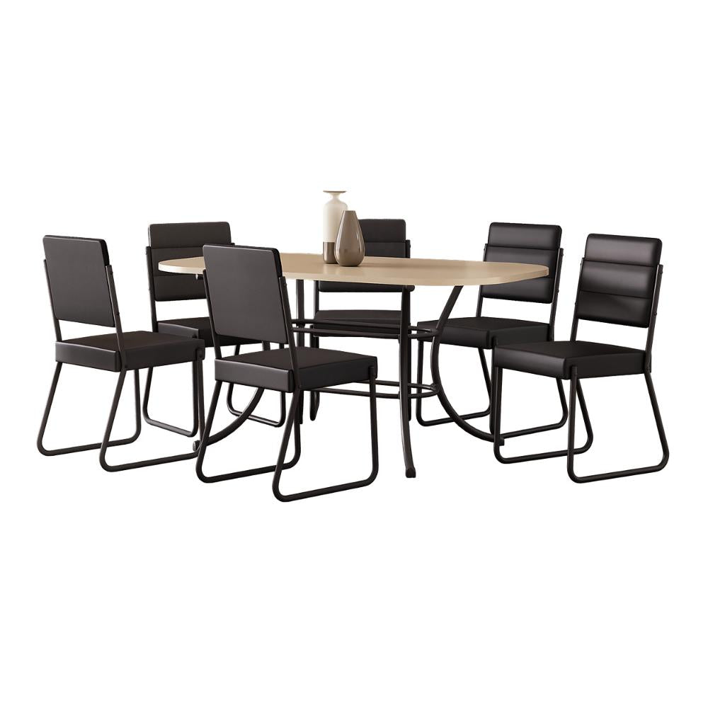 Conjunto de jantar Fenix com mesa retangular off white e 6 cadeiras de estrutura preta, em fundo branco