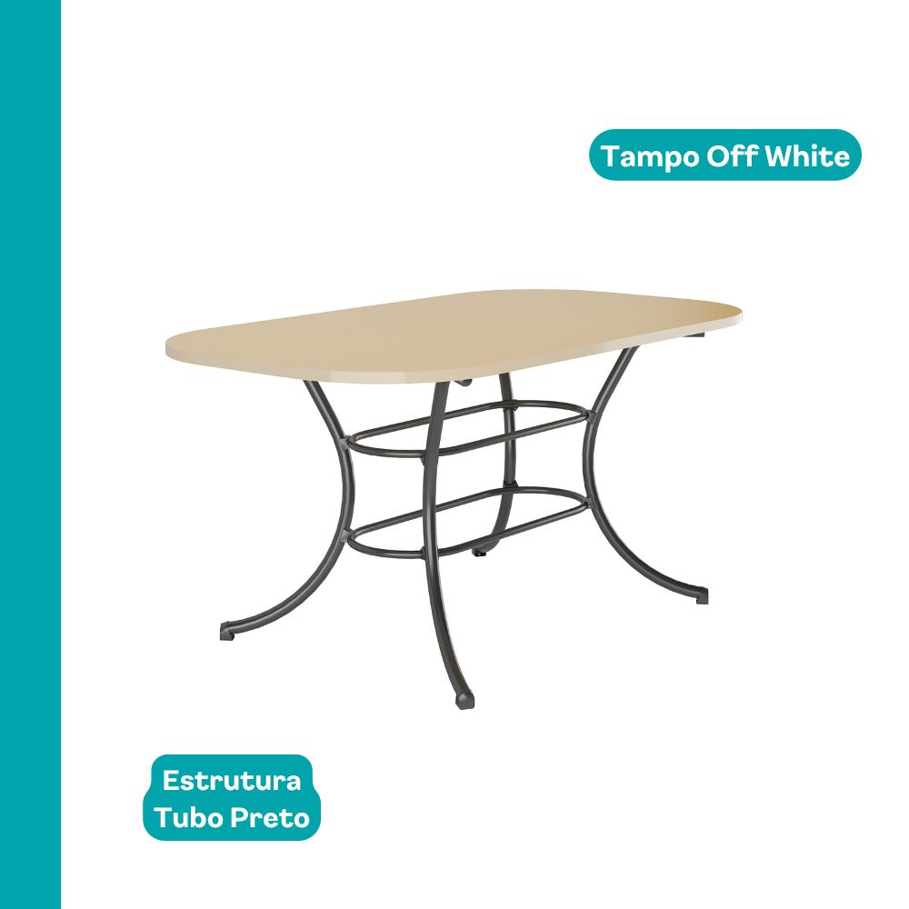 Mesa retangular Fenix com tampo off white de cantos arredondados e estrutura em tubo preto, vista isolada