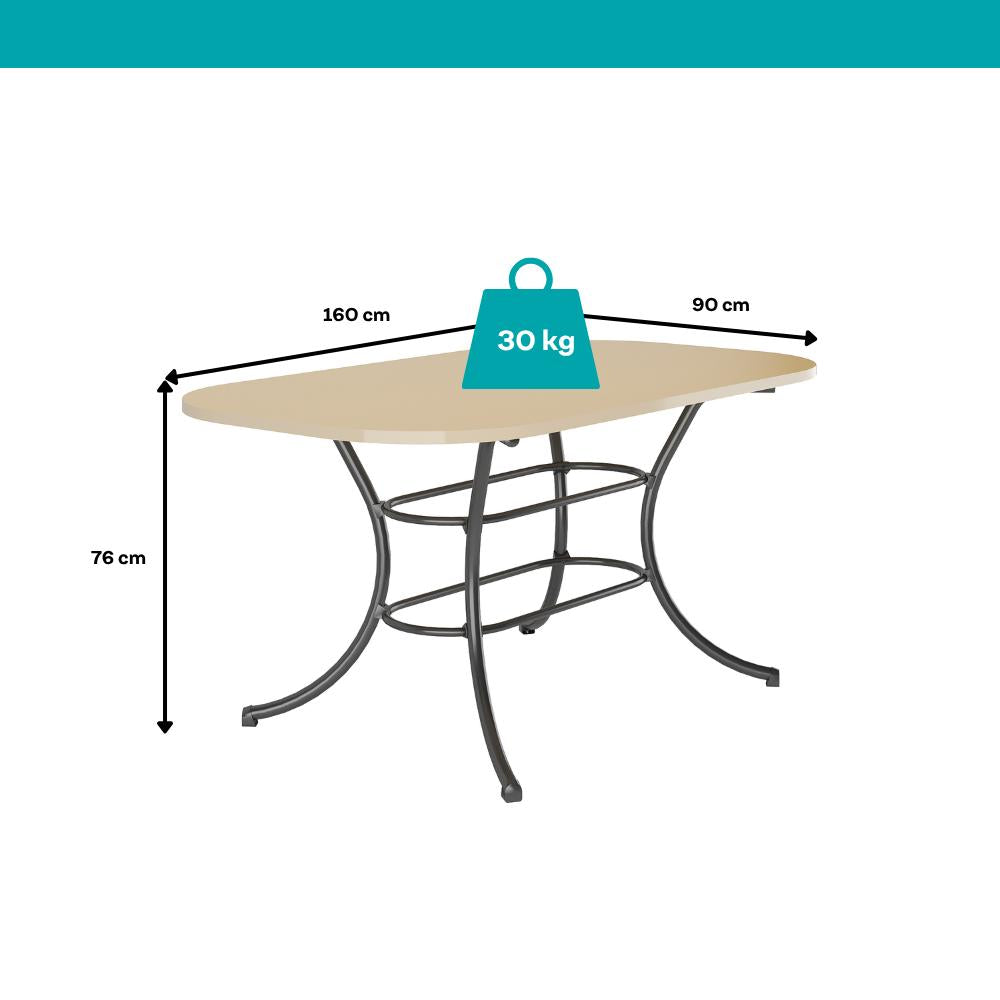 Medidas da mesa Fenix: 160 cm de comprimento, 90 cm de largura, 76 cm de altura e suporte de até 30 kg