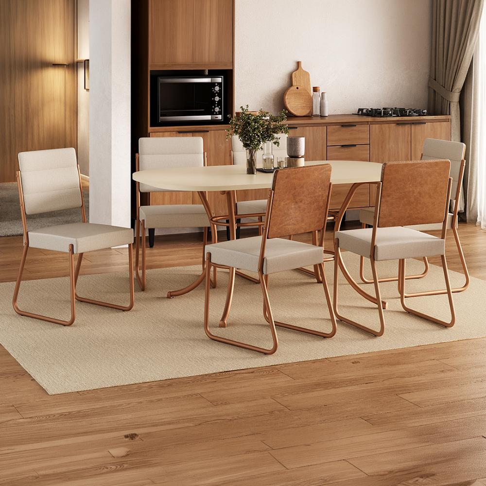 Conjunto de jantar Fenix com mesa retangular off white e 6 cadeiras estofadas, ambientado com tapete e vaso de planta sobre a mesa