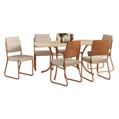 Conjunto de jantar Fenix com mesa retangular off white e 6 cadeiras de estrutura rosê cobre, em fundo branco