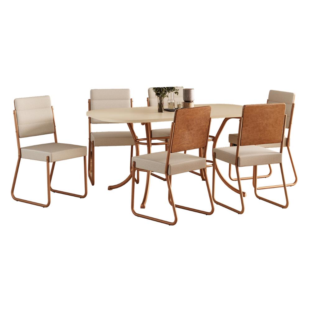Conjunto de jantar Fenix com mesa retangular off white e 6 cadeiras de estrutura rosê cobre, em fundo branco