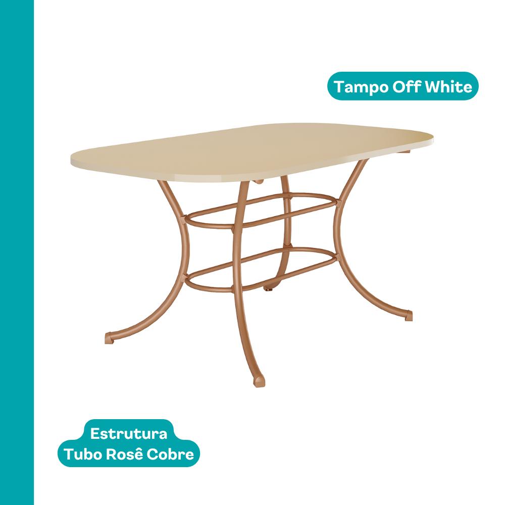 Mesa retangular Fenix com tampo off white de cantos arredondados e estrutura em tubo rosê cobre, vista isolada