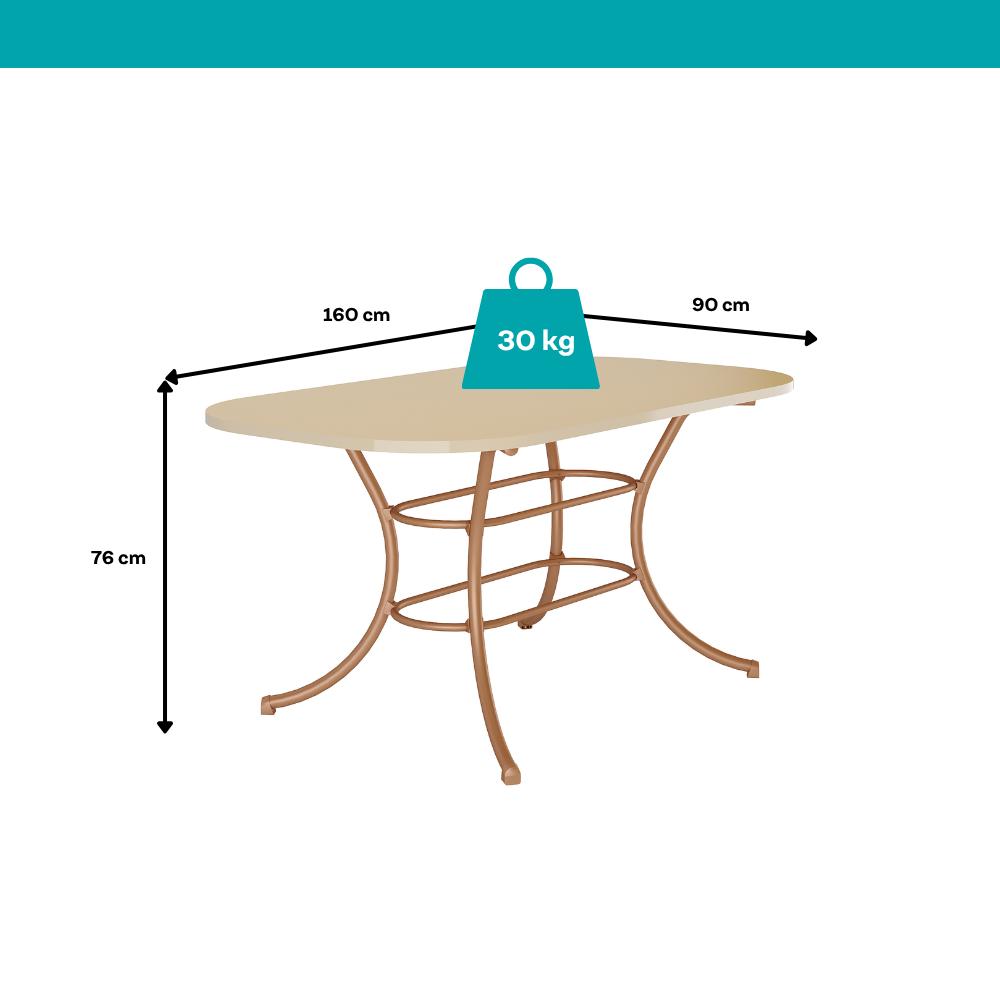 Medidas da mesa Fenix: 160 cm de comprimento, 90 cm de largura, 76 cm de altura e suporte de até 30 kg