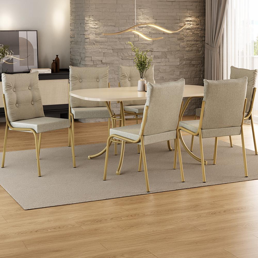 Conjunto de jantar Madrid com mesa retangular off white e 6 cadeiras estofadas, ambientado com tapete e vaso de planta