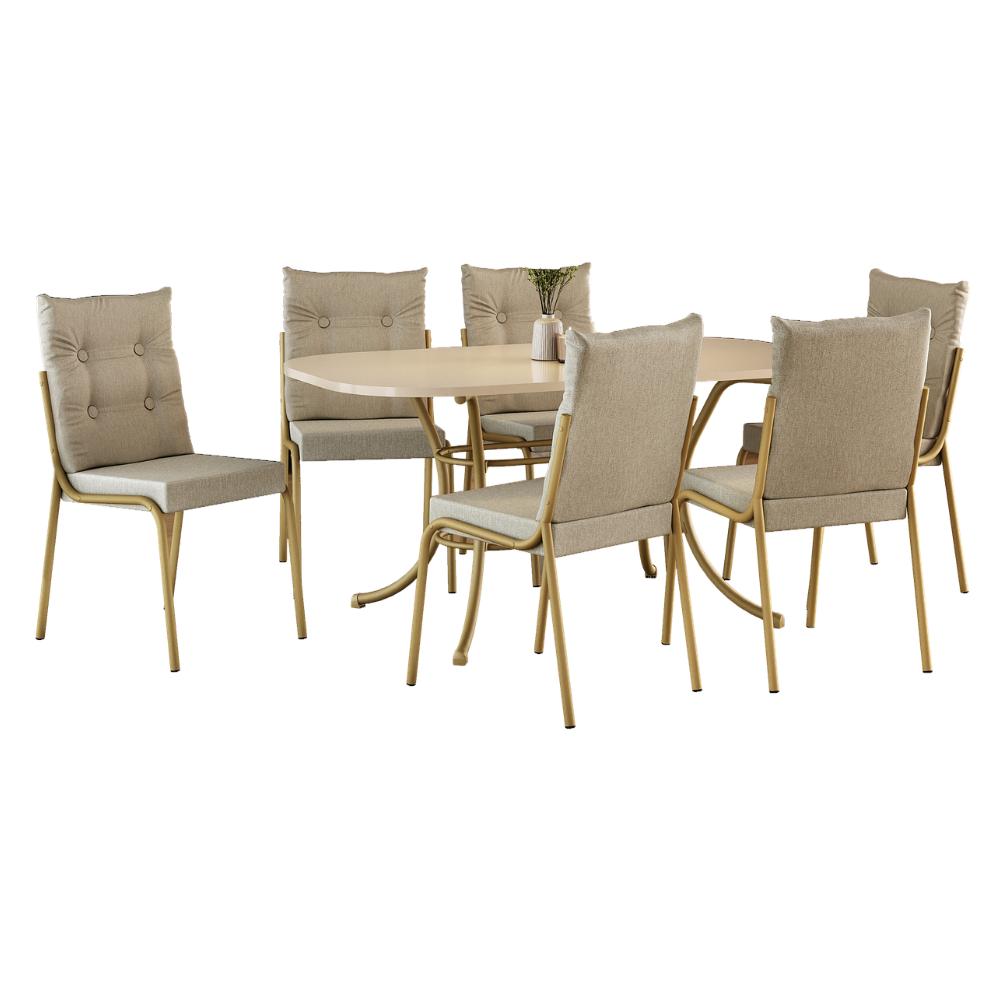 Conjunto de jantar Madrid com mesa retangular off white e 6 cadeiras de estrutura dourada, em fundo branco