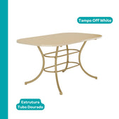 Mesa retangular Madrid com tampo off white de cantos arredondados e estrutura em tubo dourado, vista isolada