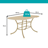 Medidas da mesa Madrid: 160 cm de comprimento, 90 cm de largura, 76 cm de altura e suporte de até 30 kg