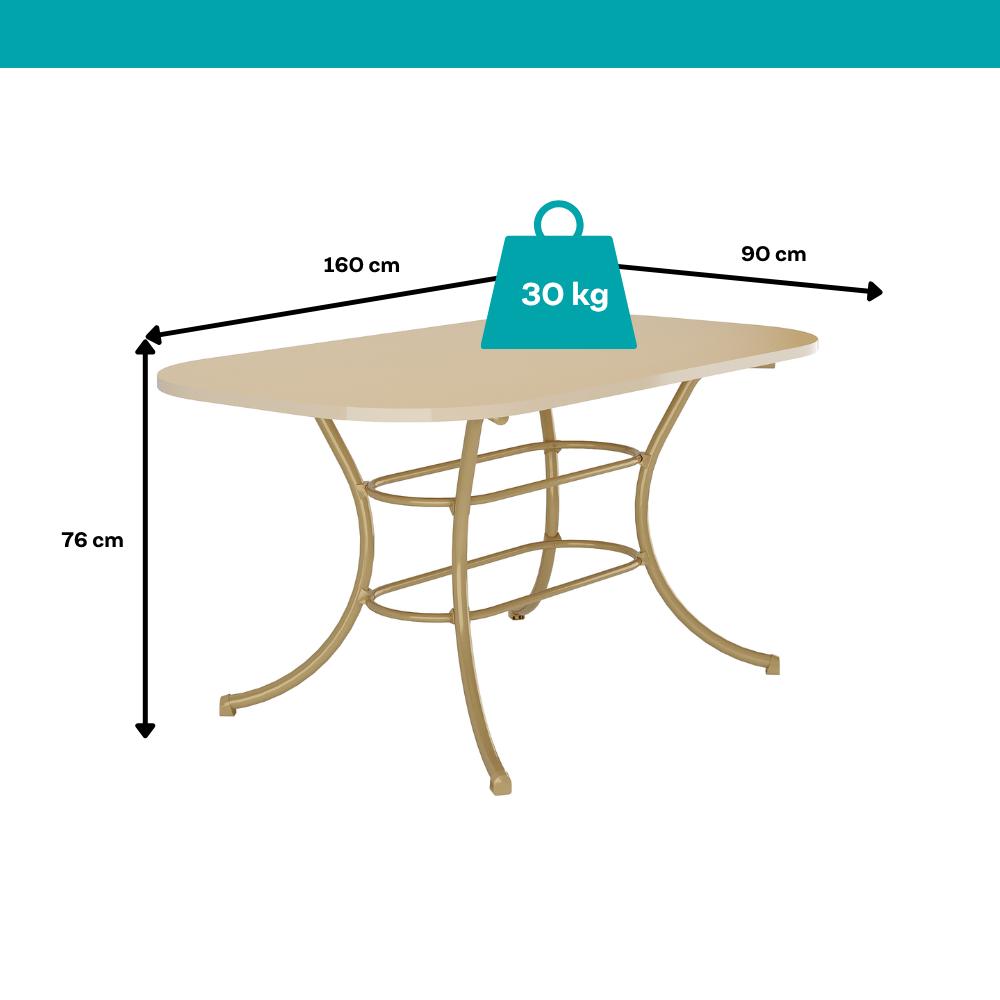 Medidas da mesa Madrid: 160 cm de comprimento, 90 cm de largura, 76 cm de altura e suporte de até 30 kg