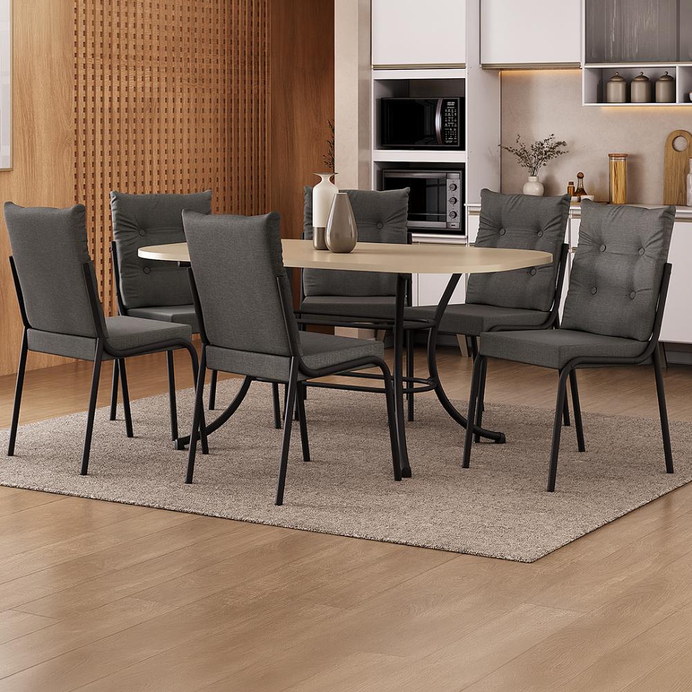 Conjunto de jantar Madrid com mesa retangular off white e 6 cadeiras estofadas, ambientado com tapete e vaso de planta