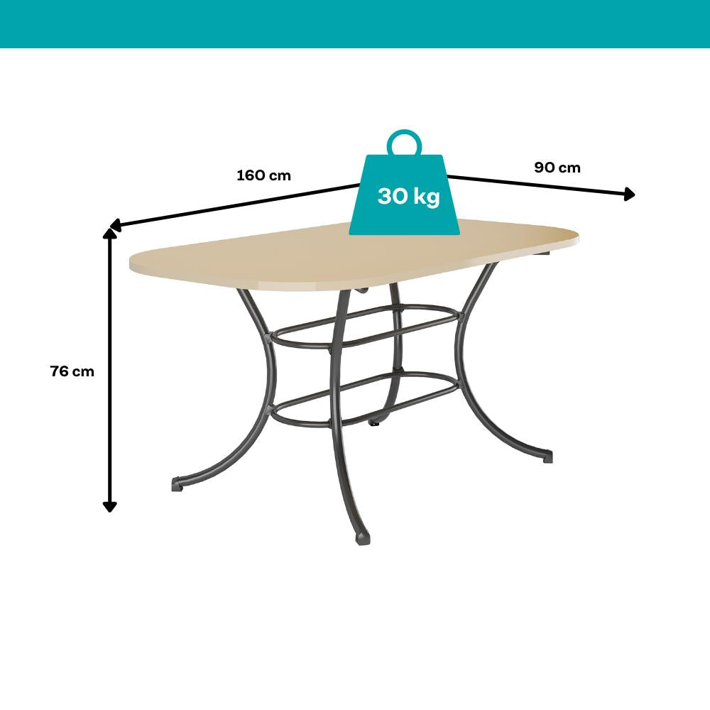 Medidas da mesa Madrid: 160 cm de comprimento, 90 cm de largura, 76 cm de altura e suporte de até 30 kg