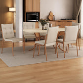 Conjunto de jantar Madrid com mesa retangular off white e 6 cadeiras estofadas, ambientado com tapete e vaso de planta