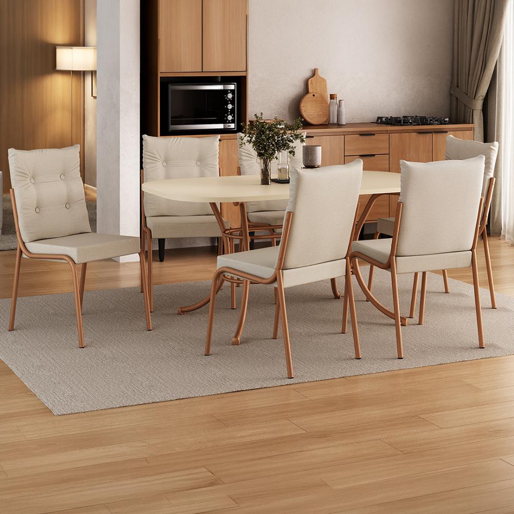 Conjunto de jantar Madrid com mesa retangular off white e 6 cadeiras estofadas, ambientado com tapete e vaso de planta