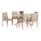 Conjunto de jantar Madrid com mesa retangular off white e 6 cadeiras de estrutura rosê cobre, em fundo branco