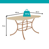 Medidas da mesa Madrid: 160 cm de comprimento, 90 cm de largura, 76 cm de altura e suporte de até 30 kg