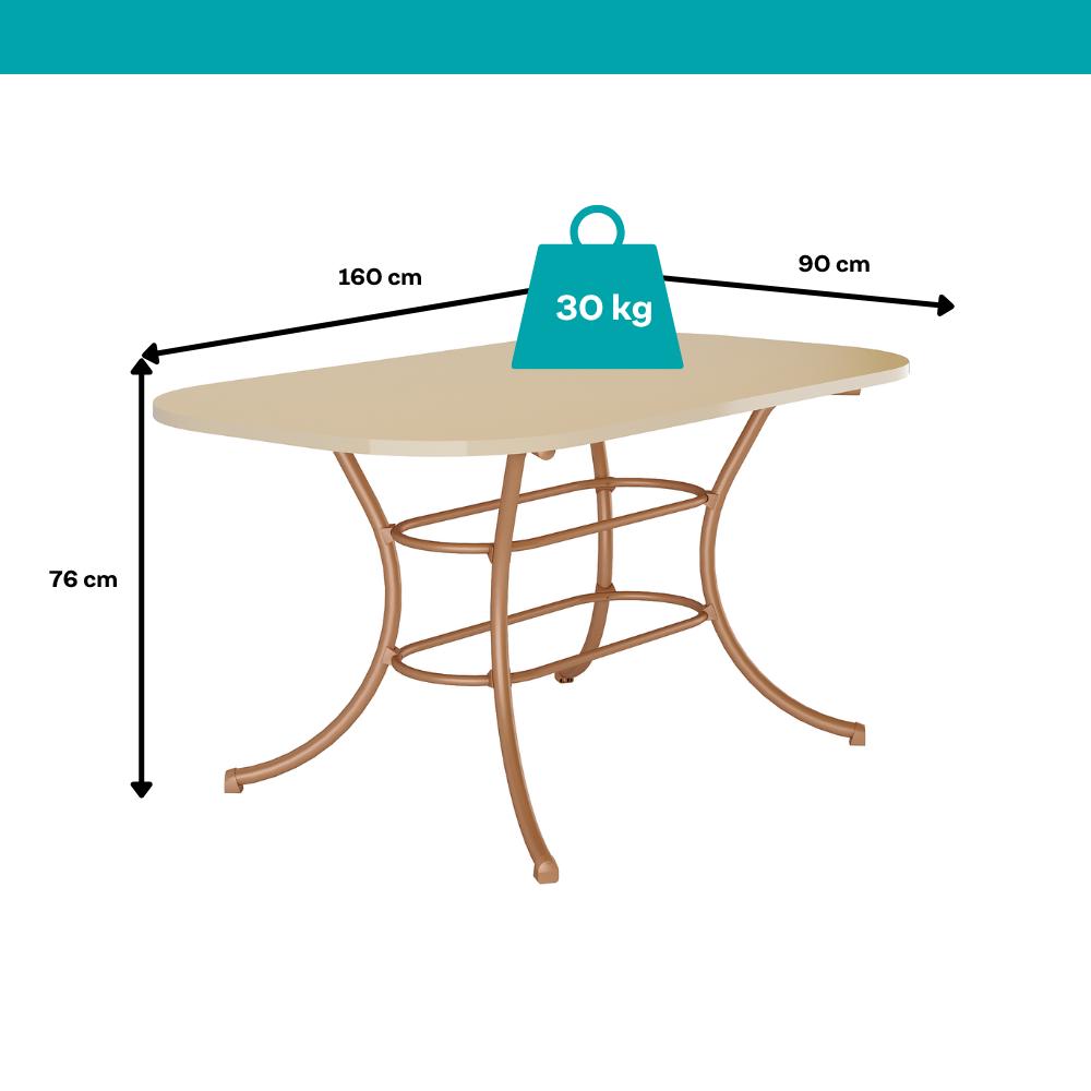 Medidas da mesa Madrid: 160 cm de comprimento, 90 cm de largura, 76 cm de altura e suporte de até 30 kg