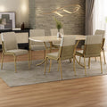 Conjunto de jantar Manila com mesa retangular off white e 6 cadeiras estofadas, ambientado com tapete e vaso de planta