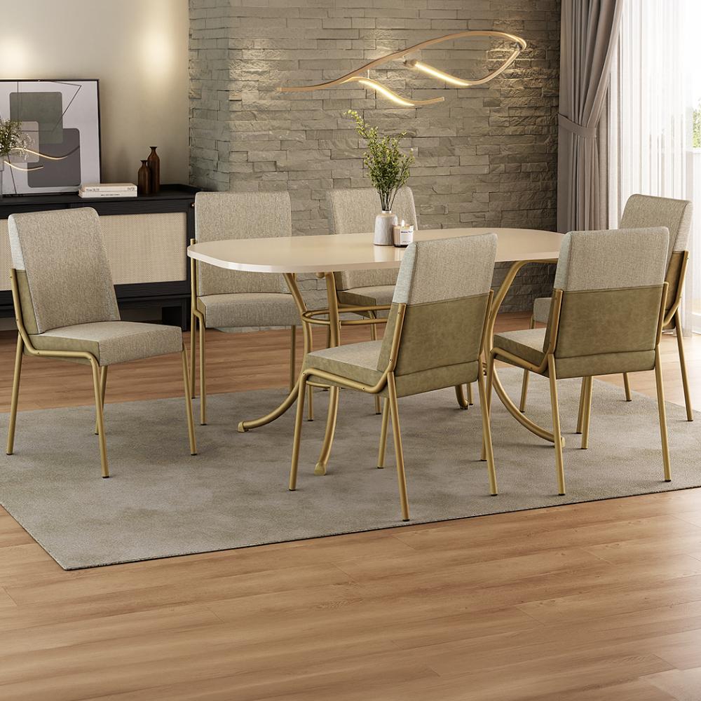 Conjunto de jantar Manila com mesa retangular off white e 6 cadeiras estofadas, ambientado com tapete e vaso de planta