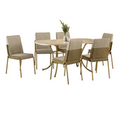 Conjunto de jantar Manila com mesa retangular off white e 6 cadeiras de estrutura dourada, em fundo branco