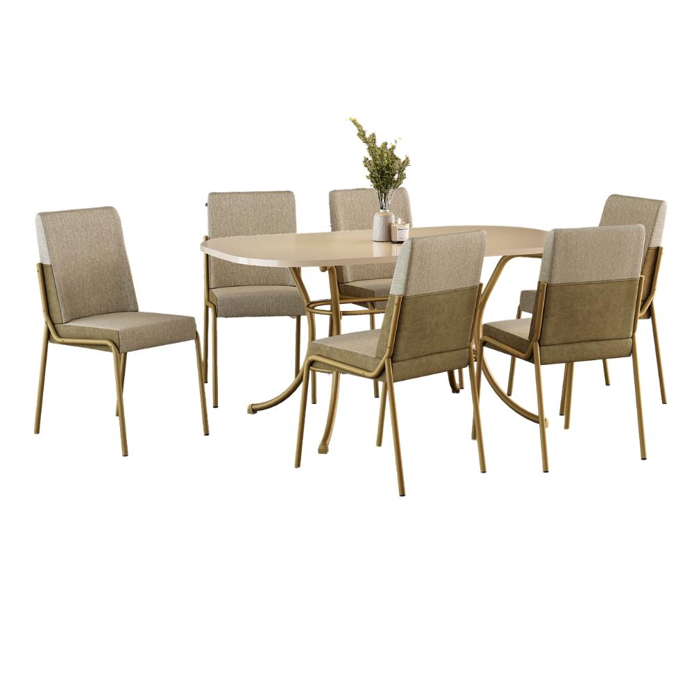Conjunto de jantar Manila com mesa retangular off white e 6 cadeiras de estrutura dourada, em fundo branco