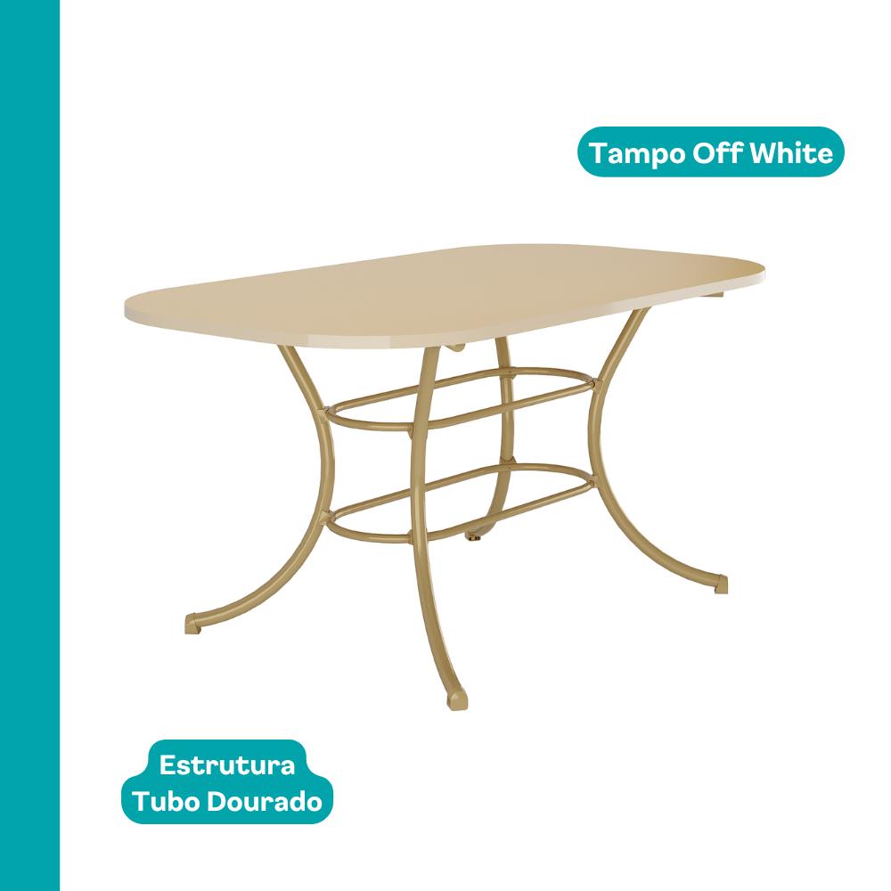 Mesa retangular Manila com tampo off white de cantos arredondados e estrutura em tubo dourado, vista isolada