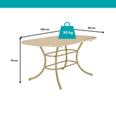Medidas da mesa Manila: 160 cm de comprimento, 90 cm de largura, 76 cm de altura e suporte de até 30 kg