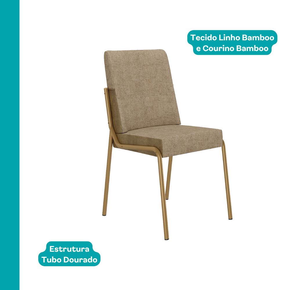 Cadeira Manila em linho bamboo com verso em courino bamboo e estrutura dourada, vista em ângulo