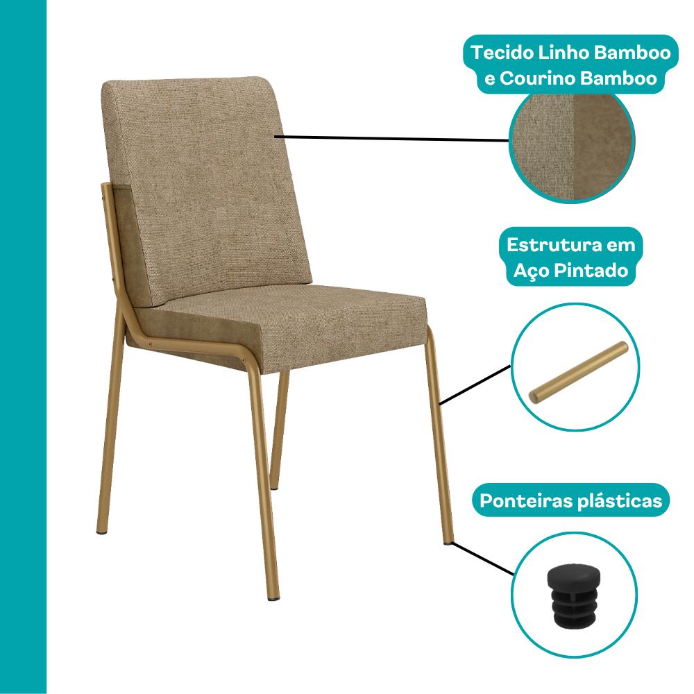 Cadeira Manila com destaque para o linho bamboo, o courino bamboo, a estrutura em aço pintado e as ponteiras plásticas