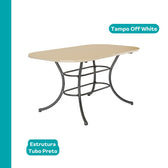 Mesa retangular Manila com tampo off white de cantos arredondados e estrutura em tubo preto, vista isolada
