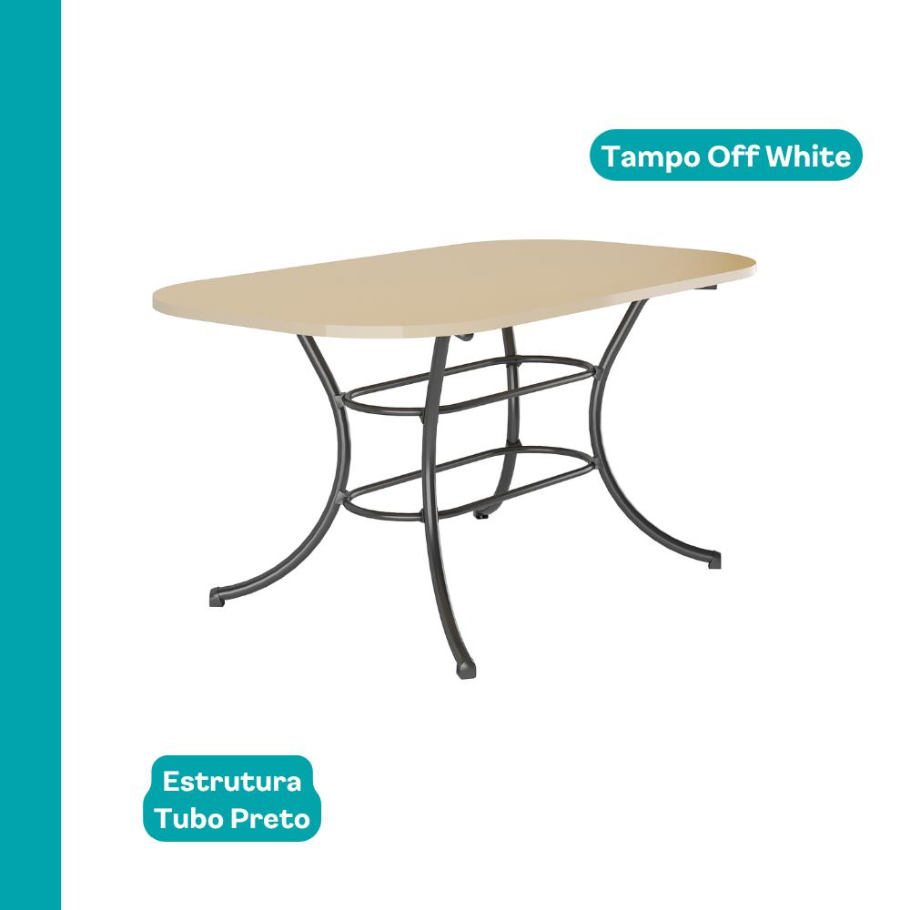 Mesa retangular Manila com tampo off white de cantos arredondados e estrutura em tubo preto, vista isolada