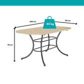 Medidas da mesa Manila: 160 cm de comprimento, 90 cm de largura, 76 cm de altura e suporte de até 30 kg