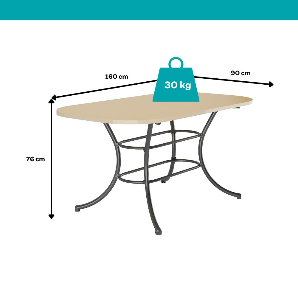 Medidas da mesa Manila: 160 cm de comprimento, 90 cm de largura, 76 cm de altura e suporte de até 30 kg