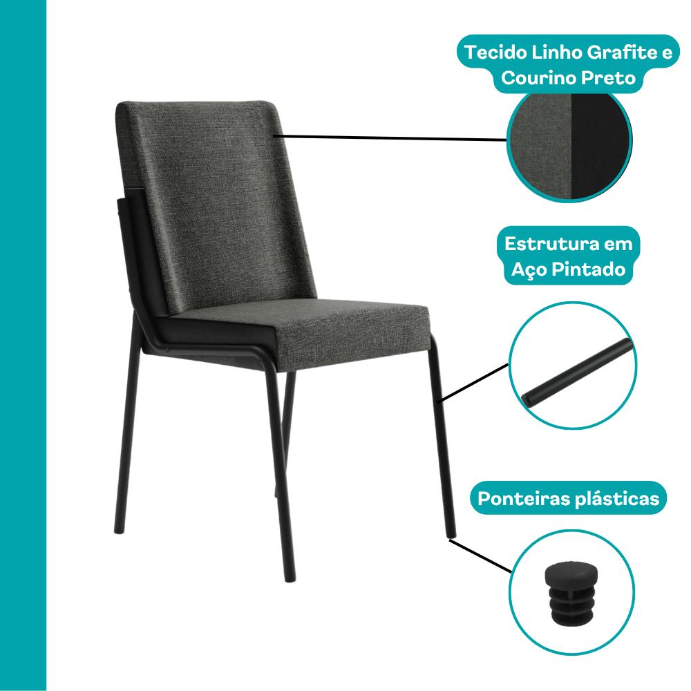 Cadeira Manila com destaque para o linho grafite, o courino preto, a estrutura em aço pintado e as ponteiras plásticas