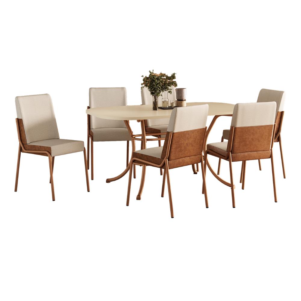 Conjunto de jantar Manila com mesa retangular off white e 6 cadeiras de estrutura rosê cobre, em fundo branco