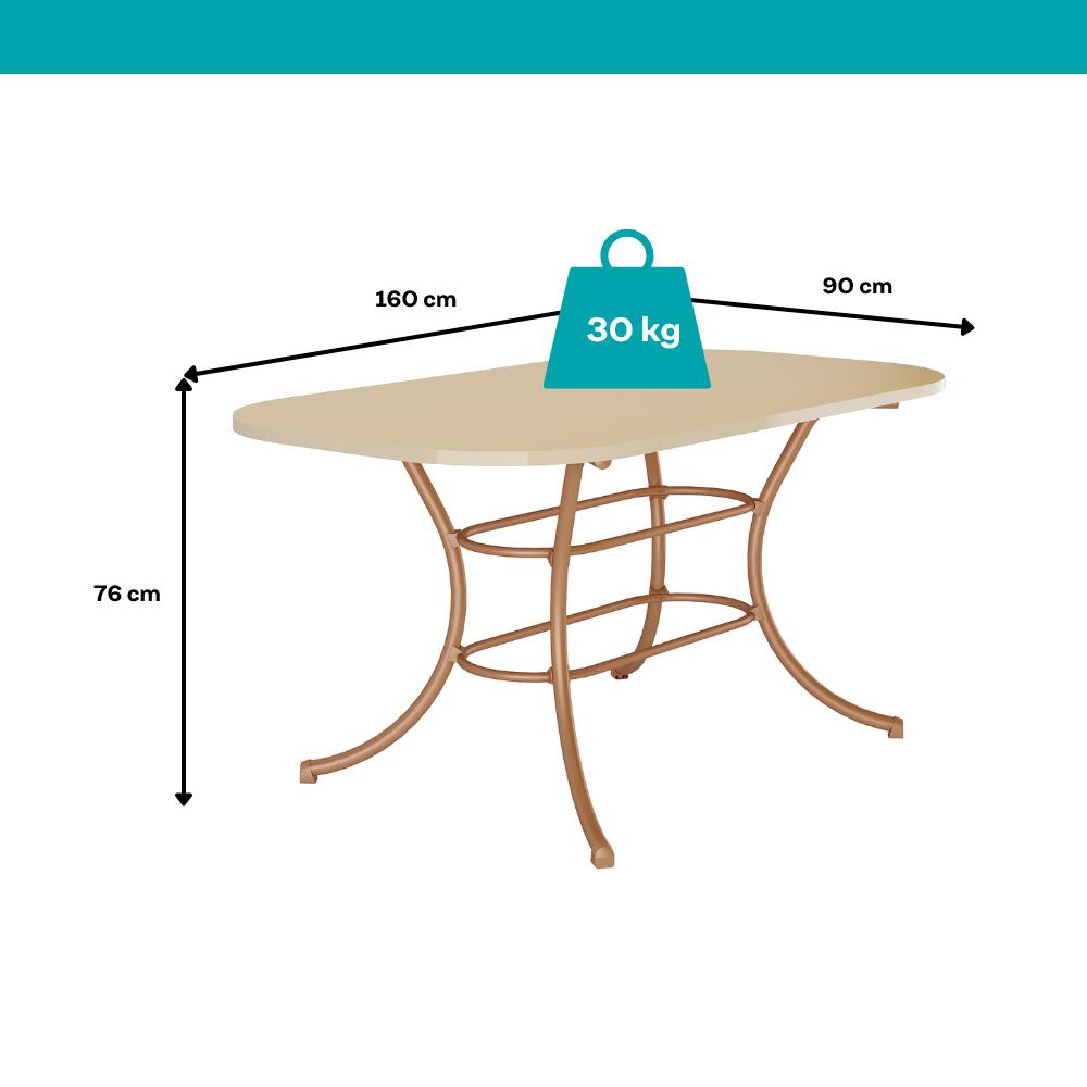 Medidas da mesa Manila: 160 cm de comprimento, 90 cm de largura, 76 cm de altura e suporte de até 30 kg