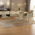 Conjunto de jantar Quebec com mesa retangular off white e 6 cadeiras estofadas, ambientado com tapete e vaso de planta