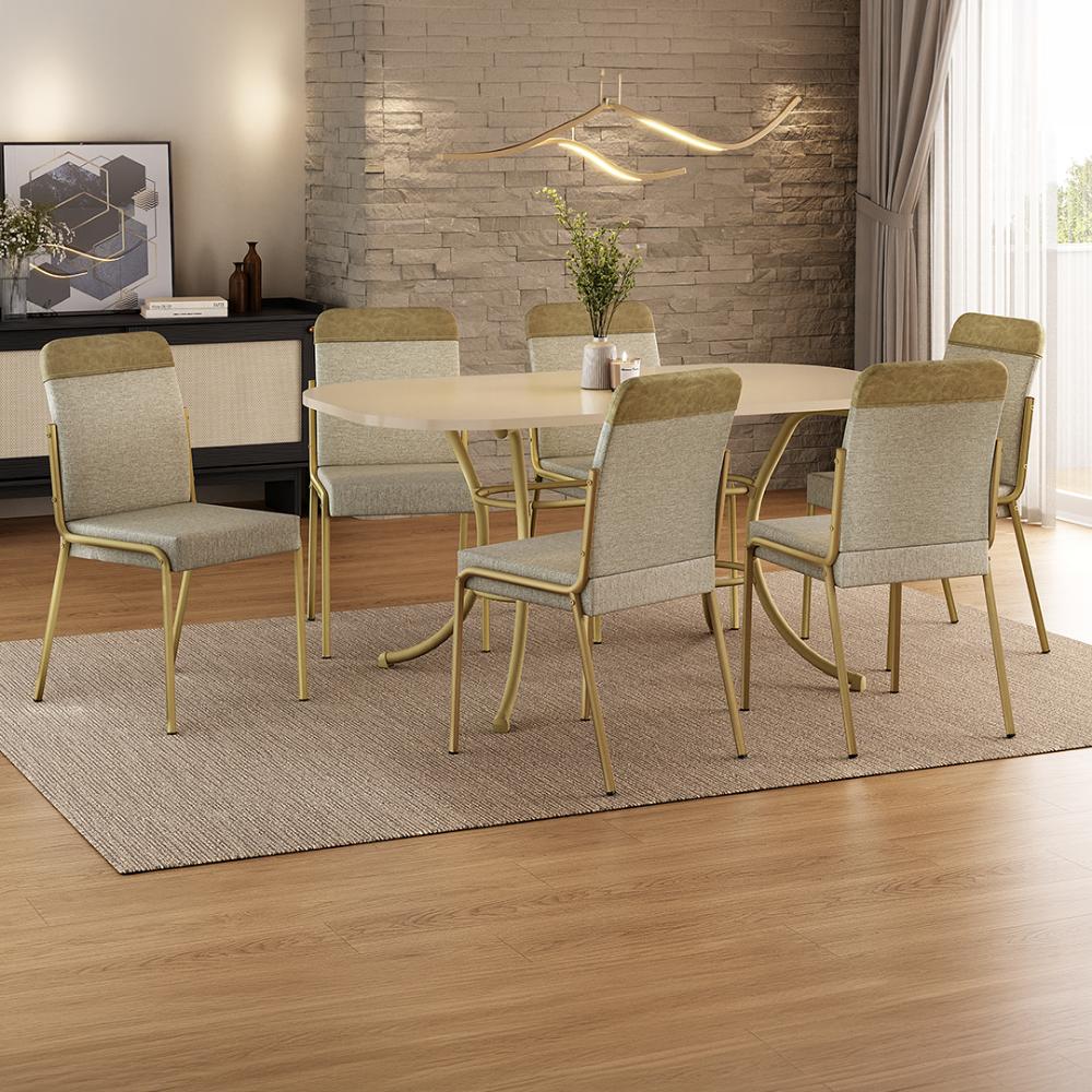 Conjunto de jantar Quebec com mesa retangular off white e 6 cadeiras estofadas, ambientado com tapete e vaso de planta