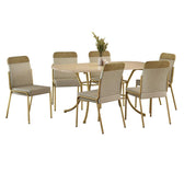 Conjunto de jantar Quebec com mesa retangular off white e 6 cadeiras de estrutura dourada, em fundo branco