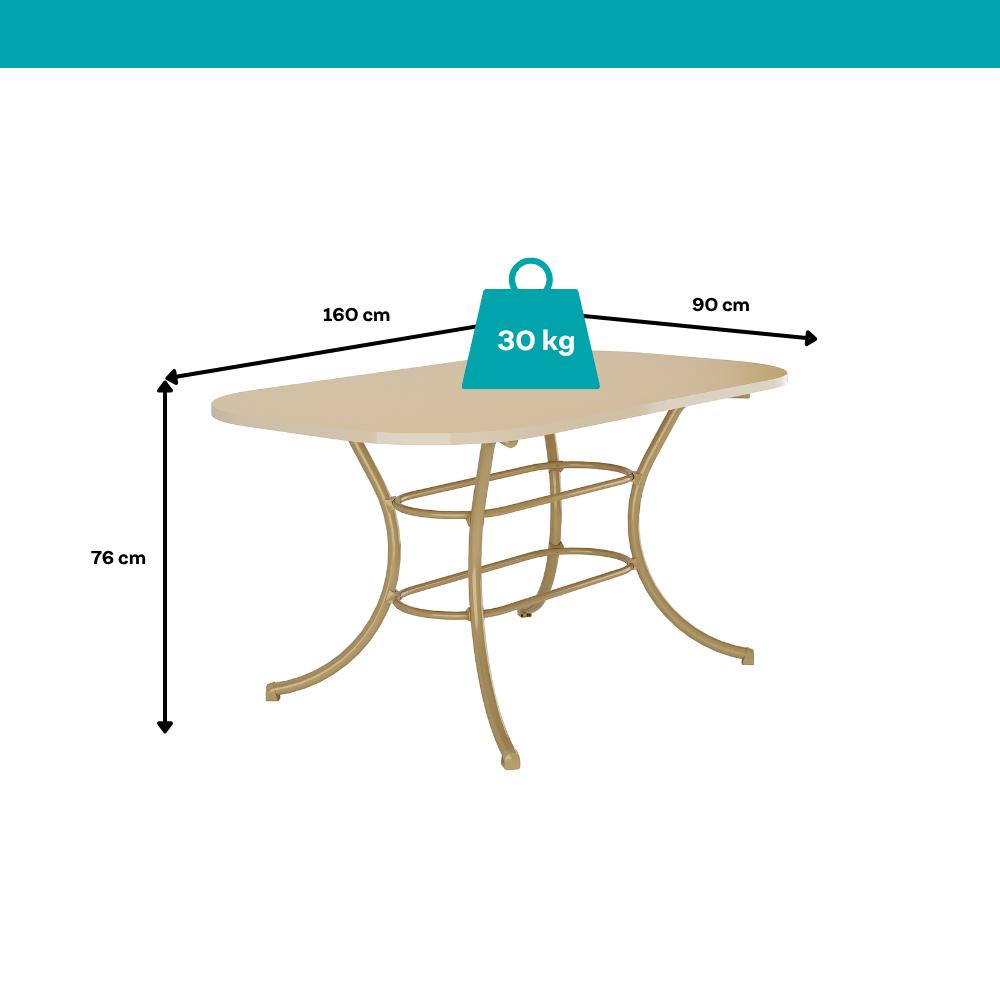 Medidas da mesa Quebec: 160 cm de comprimento, 90 cm de largura, 76 cm de altura e suporte de até 30 kg