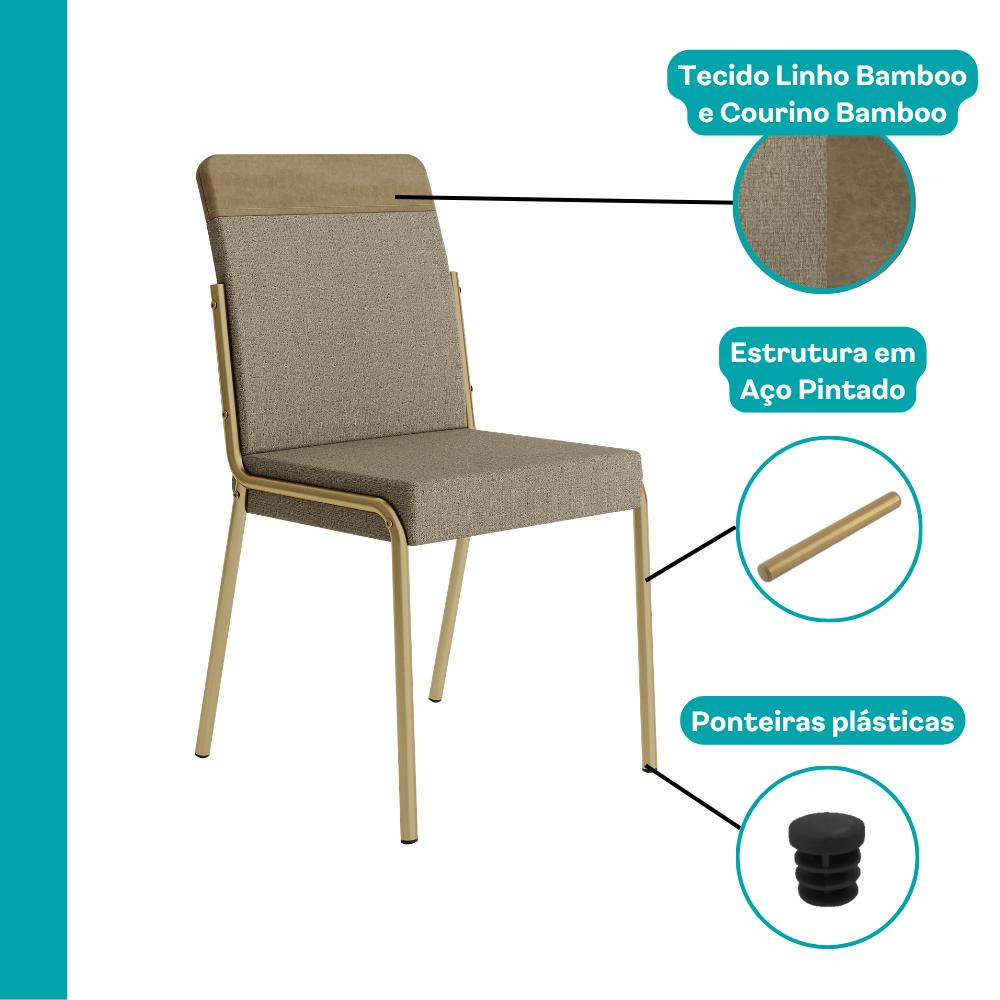 Cadeira Quebec com destaque para o linho bamboo, o courino bamboo, a estrutura em aço pintado e as ponteiras plásticas