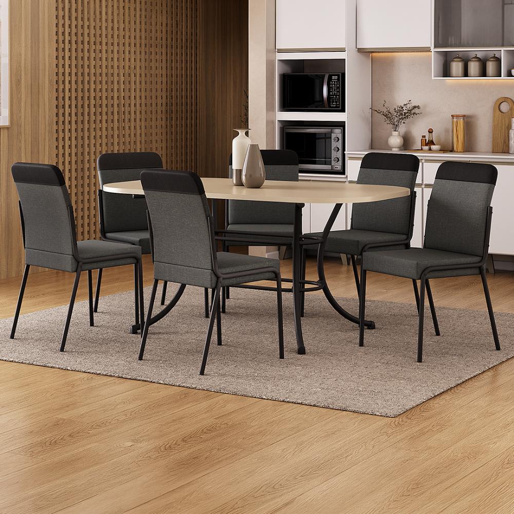 Conjunto de jantar Quebec com mesa retangular off white e 6 cadeiras estofadas, ambientado com tapete e vasos sobre a mesa