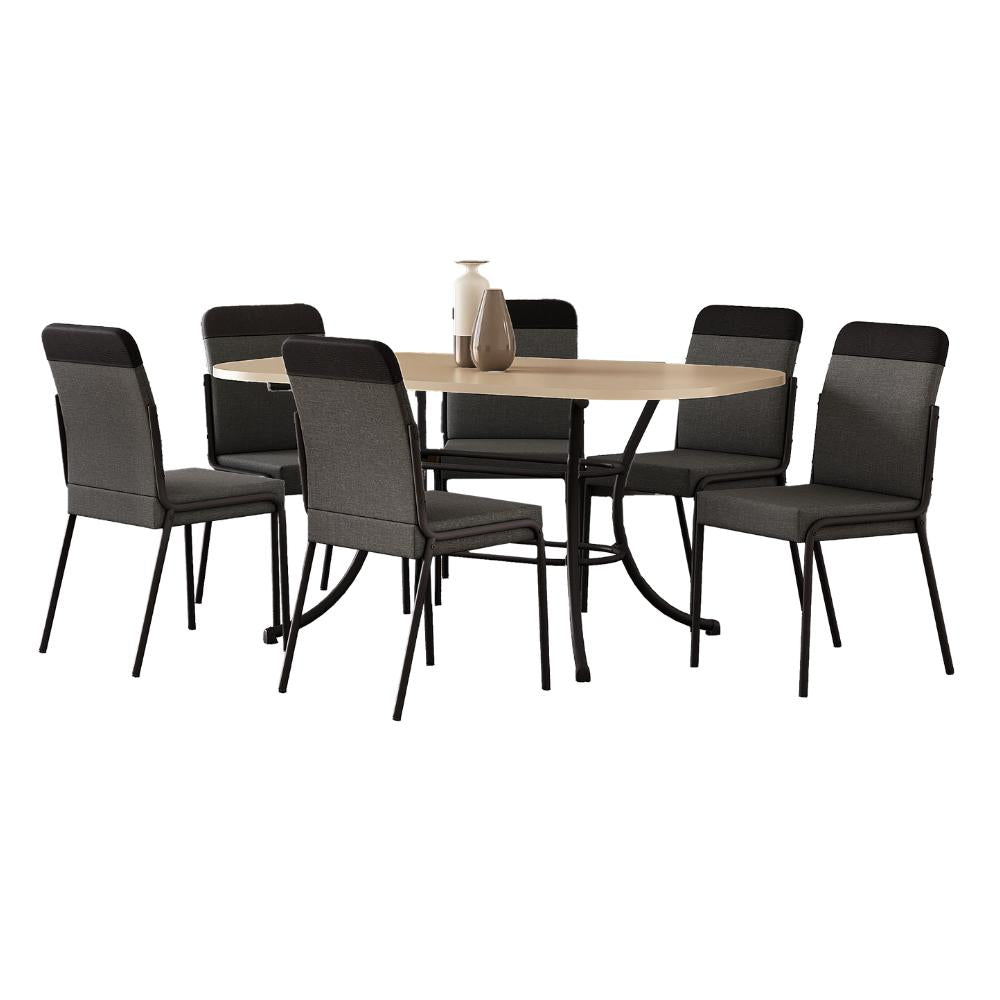 Conjunto de jantar Quebec com mesa retangular off white e 6 cadeiras de estrutura preta, em fundo branco