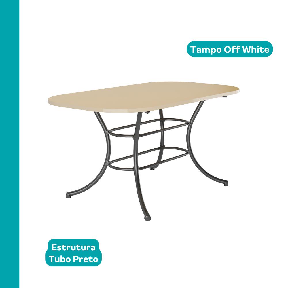 Mesa retangular Quebec com tampo off white de cantos arredondados e estrutura em tubo preto, vista isolada